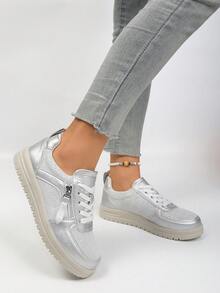 1 Pair Women's New Fashion Casual Sports Shoes, Solid Color Sports PU Leather Lace-Up Zipper Decor, New Fashion Women Casual Sports Shoes For Home, Holiday, Office, All Seasons