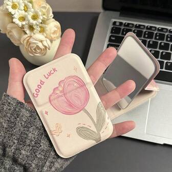 1 pieza Espejo de maquillaje plegable y portátil con diseño tulipán de estilo Ins, lindo y de apariencia alta, para mujeres y estudiantes