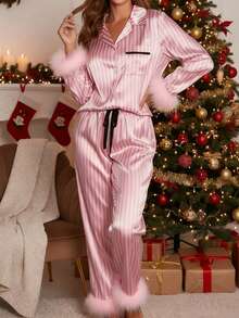Women's 2 Piece Satin Lounge Set Long Sleeve Lapel Stripe Print Shirt Pants Sleepwear - 亮粉紅色 - 查看 4