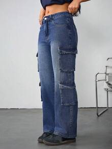 休闲水洗多口袋直筒工装牛仔裤 - 深色水洗藍 - 查看 6