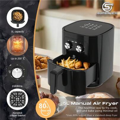 SUPERLEX Air Fryer, 8 Preset Mode Ovens, 5-Liter Cooking Oven, Temperature Adjustable Range 80-200°C, Built-In 60-Minute Timer Function, Non-Stick Inner Pot Design, Overheating Protection Mechanism, Automatic Power Off Function, Healthy Oil-Free, Low-Fat Cooking Support Automatic Delay Function, Is A Multi-Functional Cooking Oven