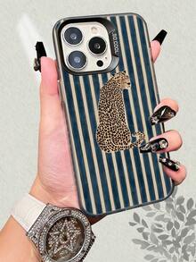 Leopard Pattern With Blue & Beige Stripes Phone Case For IPhone 17, 16, 15, 14, 13, 12, 11, 7, X Series, Latest IMD Technology, Colorful Laser Back Panel, Multiple Colors, Comfortable Gr - Purple - View 5