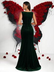 Robe élégante à col bateau de couleur unie, taille haute plissée avec dos fendu pour soirée, banquet, bal, robe de soirée de cérémonie, robe de mariée, robe d'invité de mariage, soirée dansante, soirée de retour au foyer, dîner de gala, anniversaire, festival, fête en famille - Vert sapin - Voir 2