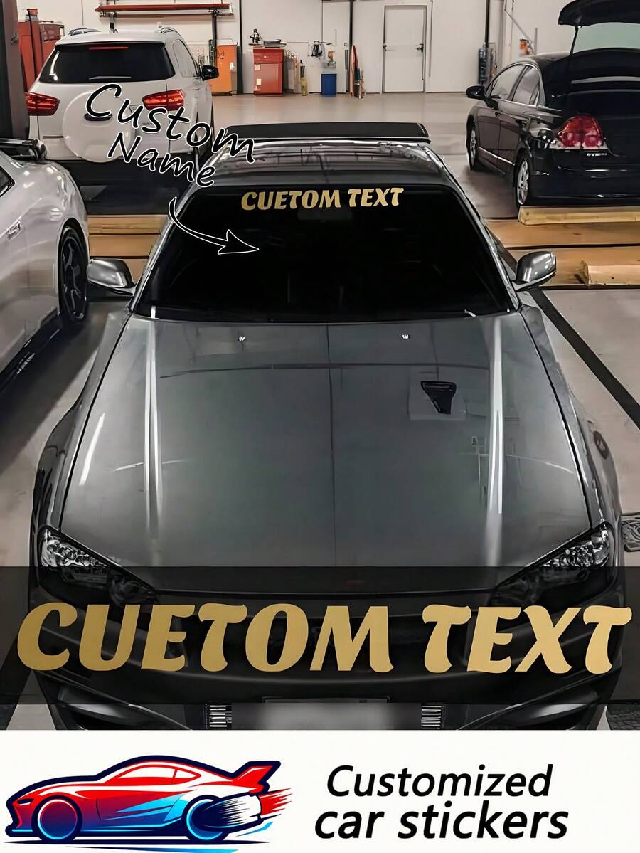 1张可定制文字前挡风玻璃横幅车贴 - 防水、防紫外线、耐用乙烯基材质，自粘式安装，一次性使用，高品质乙烯基，汽车个性化，汽车爱好者，适用于玻璃和车窗表面，汽车配件，汽车DIY改装，汽车零件，车辆定制，动漫主题，遮阳板，防水材料，汽车贴花，汽车配件，车主 - 彩色 - 查看 1