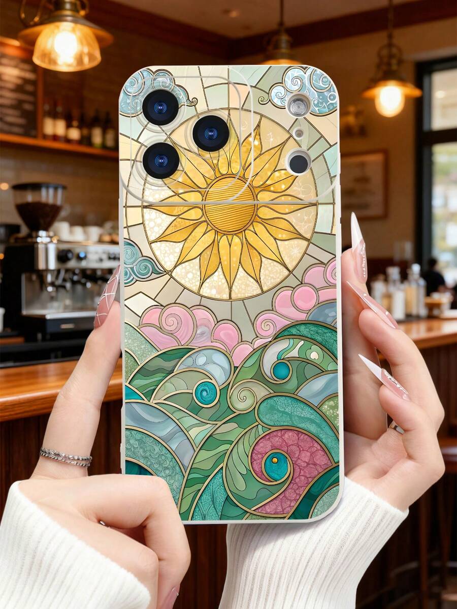 1 pieza Funda de teléfono con diseño de vitral artístico, sol y olas en estilo decorativo, ideal para regalos festivos, protección elevada para lente con diseño de ojo de cámara, resistente a golpes, compatible con iPhone 17 Pro Max/16/15/14/13/12/11/Plus/Pro/Pro Max, compatible con Galaxy A34/A35/A54/A55, Galaxy S20/S21/S22/S23/S24/S25 Ultra/Plus, compatible con Galaxy/Redmi/Honor/OPPO/ViVo - Blanco - Ver 1