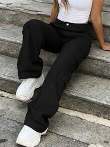 Women's Solid Color High-Waisted Button Cargo Pants, A Must-Have For Christmas; Casual Street Style, Flap-Up Loose Trousers; Fashionable And Versatile For All Seasons. - 黑色 - 查看 4