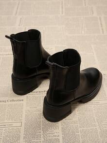 女士切尔西踝靴，圆头舒适粗跟靴，双松紧带设计，厚底防滑冬季工装靴，黑色高跟弹力靴，娇小增高靴，适合搭配毛衣裙 - 黑色 - 查看 4