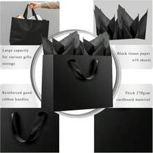 Offizon 6 Pcs Black Gift Bags, 8.7x3.9x7.1inch Paper Bag With Black Tissue Paper, 5-Sense Party Favor Bags - ColorM - View 2