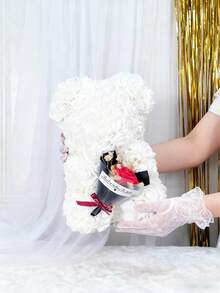 1 pieza Oso de peluche con rosa artificial blanca - Oso de rosa esponjoso y duradero con flores rojas acentuadas, elegante decoración de mesa para el hogar, decoración de sala de estar/dormitorio de moda, regalo versátil para el Día de San Valentín, Día de la Madre, Día del Padre, Navidad y ocasiones especiales - Multicolor - Ver 4