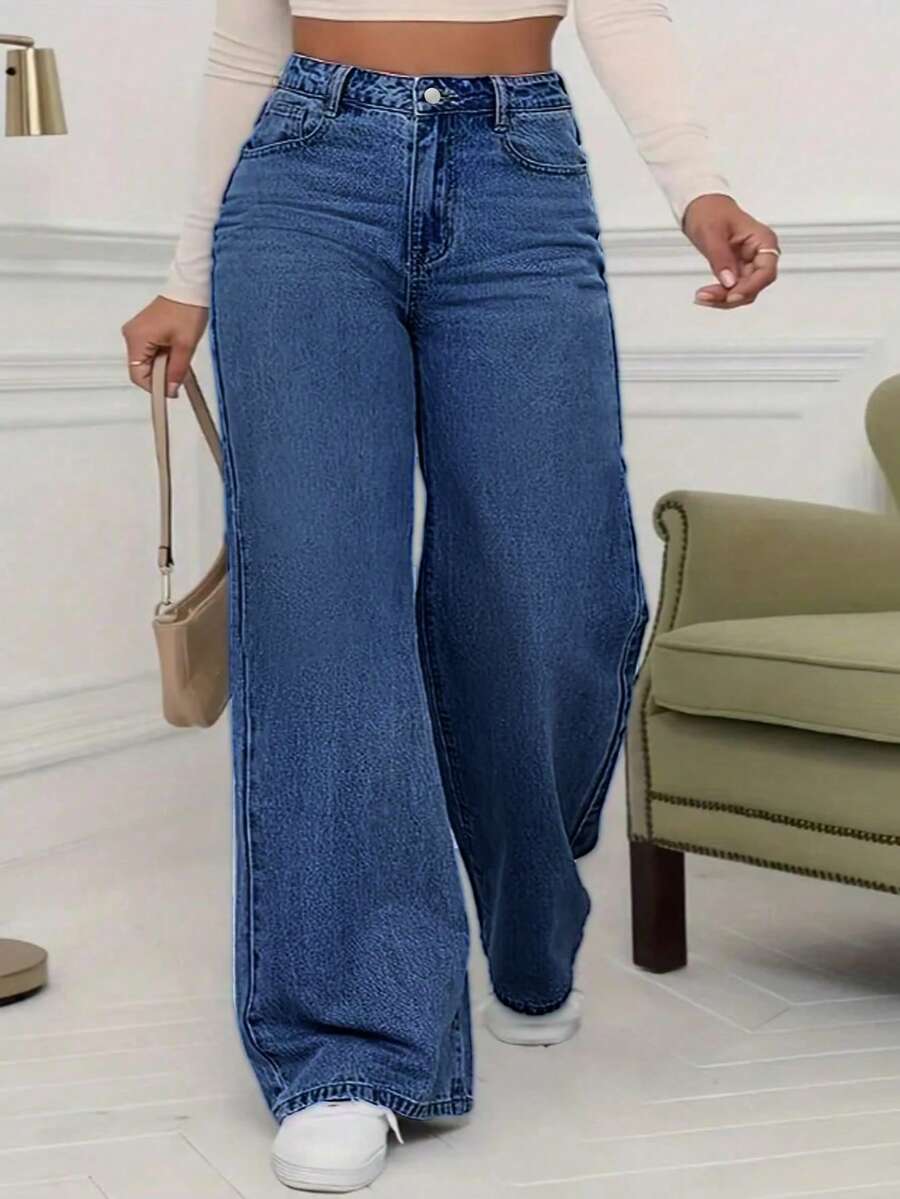 Women's Mid Waist Non Elastic Casual Loose Straight Leg Denim Pants Suitable For Daily Commuting And Home Wear - 深色水洗藍 - 查看 1