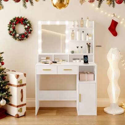 Hzuaneri Vanity Desk With Mirror And 10 LED Lights, Power Strip Makeup Vanity With 3 Shelves, Dressing Table With Drawers & Cabinet, 3 Adjustable Lighting Brightness, White