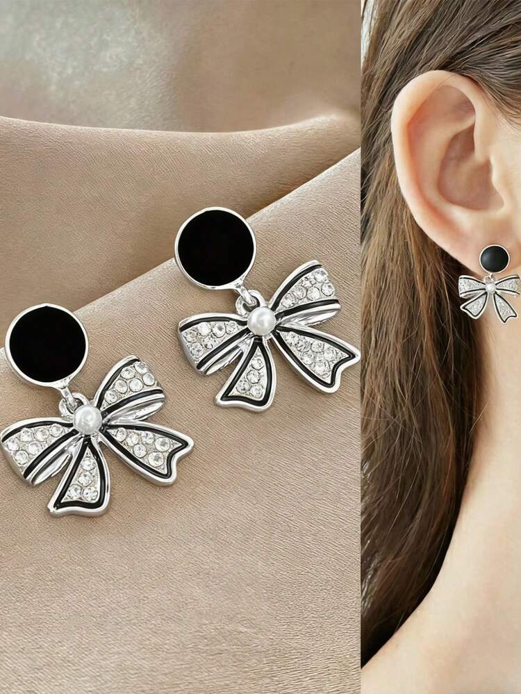 1 Pair Glamorous Rhinestone Bow Earrings, Suitable For Daily Wear