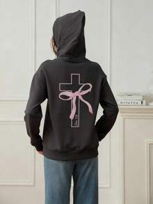 Women's Casual Graphic Print Loose Fit Hooded Sweatshirt With Thermal Lining, Fashion Winter - Dark Grey - View 2