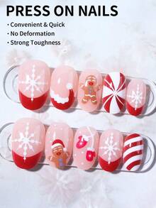 Christmas 24pcs Short Oval Gingerbread Men And Candy Canes Design Acrylic Press On Nails Short Fit Perfectly False Nail Set, Contain 1pc Jelly Glue And 1pc Nail File,Christmas Nails Make Your Fingertips Shine And Beautiful, Very Suitable For Parties, Dancing And Daily Wear