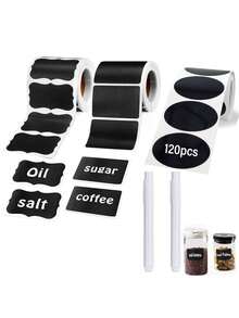 120pcs Reusable Waterproof Black Wave Pattern Labels Stickers, Suitable For Kitchen Food Storage Containers, Jars, Spices, Food, Includes 1pc White Chalk Pen - Black - View 1
