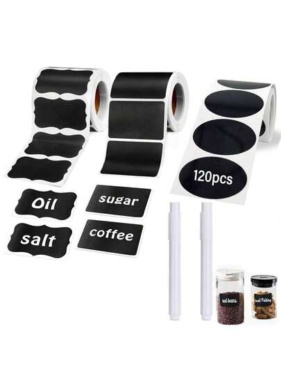 120 piezas de etiquetas adhesivas reutilizables y a prueba de agua de color negro con diseño de olas para almacenamiento de alimentos en la cocina, frascos, especias, alimentos, incluye 1 marcador de tiza blanco