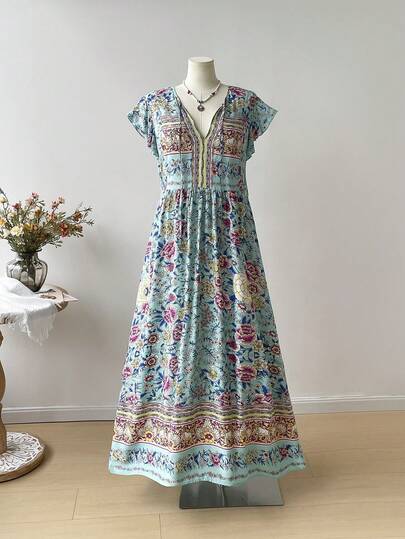 Vestido bohemio de mujer de talla grande con cuello en V con estampado floral para playa, vacaciones, fiesta de verano, festival de música, casual, primavera natural