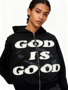 God Is Good Hoodie -Retro Style Streetwear Faith PatternJacket -Vintage Washed Christian Y2K Sweatshirt  Casual  Cute  Party    Polyester    Four Seasons - màu đen - Xem 5