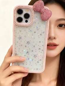 奢华闪亮水晶蝴蝶结环氧树脂亮片透明手机壳，兼容 17/16 Pro Max/15/14/13，防震保护框硬质亚克力保护套 - 粉色 - 查看 2
