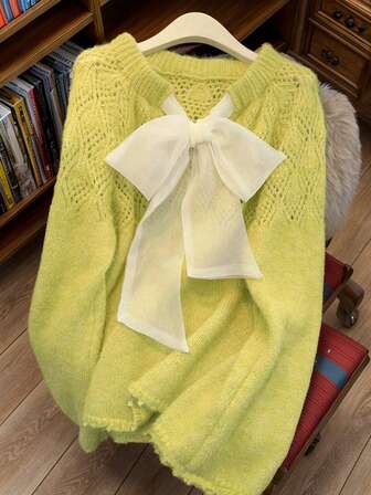 JIANHU Sweet Bow Tie Tie Hollow Pullover Women's Sweater,Long Sleeve Tops