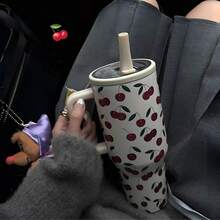mikenda 1 st. 40oz vakuumisolerad vattenflaska i rostfritt stål med lock och sugrör, sött körsbärsmönster, termosmugg för kvinnor, resekaffekopp, alla hjärtans dag/julklapp, snyggt dricksglas - Vitt - Visa 2