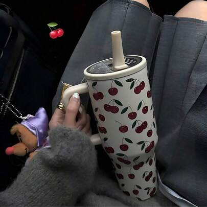 mikenda 1 pieza Botella de agua de acero inoxidable aislada al vacío de 40 onzas con tapa y pajita, con lindo diseño de cerezas, termo de mujer, taza de viaje para café, regalo para el Día de San Valentín/Navidad, vajilla con estilo
