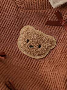 3pcs Girls Casual Cute & Lively Set: Minimalist Shirt + Bear Patch & Bow Knit Thick Vest + Pleated Skirt