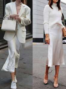 缎面中长裙，开衩裙摆，优雅高腰休闲A字裙，带拉链，适合春夏婚礼宾客穿着，面料无弹性。建议选购大一码。 - 白色 - 查看 8