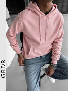 GRDR Men's Solid Color Long Sleeve Drawstring Hooded Sweatshirt With Pocket - Pink - View 1