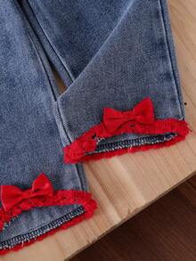 2pcs Baby Girl Fashionable Minimalist Bohemian Style Set: 3D Bow Decor Fringe Trim Crew Neck Long Sleeve Top And 3D Bow Decor Elastic Waist Denim Pants - Red - View 8