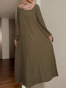 Elegant Arabic Style Woven Dress, Bishop Sleeves, Round Neck, Asymmetric Design Details - Green - View 2