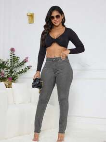 Women's Classic Skinny Jeans With ButtonFront Flap - Sexy Stretch Denim Pants, Versatile Everyday Wear Slim Fit - Grey - View 7