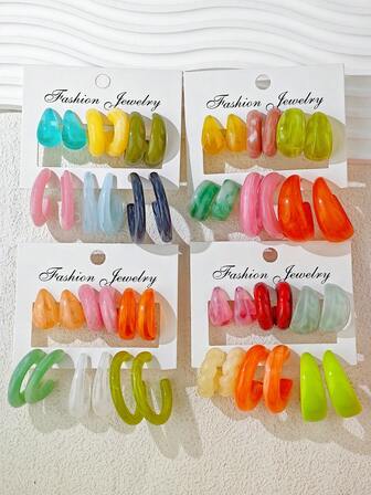 12件套女士时尚波西米亚风简约水滴几何C形大号亚克力耳环套装