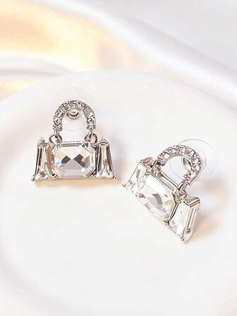 Creative Crystal Handbag Pendant Earrings, Uniquely Designed Cubic Zirconia Pendant Earrings, Elegant Evening Dress Jewelry, Ideal Choice For Dates And Parties