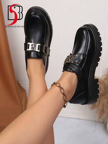 New Women Loafers Low Heel Leather Slip-On Shoes With Buckle Strap, Punk Style For Office, Casual, Fashion, Retro, Thick Sole, Slip-On, Suitable For Leisure, Office, School, Party, Street Wear - Black - View 5