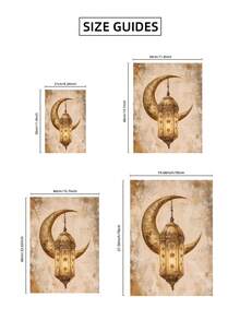 1 pieza Pintura de pared de media luna y farol sin marco, pintura digital de Ramadán en dorado y beige, decoración espiritual islámica para el hogar, decoración de Eid Mubarak, impresión estética neutra para la sala de estar, idea de regalo para la mezquita - Multicolor - Ver 8