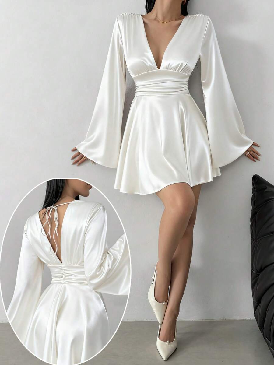 Elegant Ruffle Twist Backless V-Neck Long Sleeve Sexy Versatile Cinched Waist Fitted Mini Dress - White - View 1