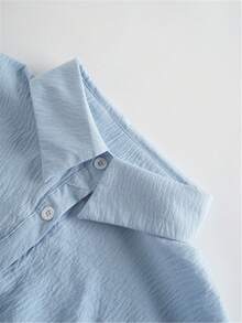 女士纯色衬衫，休闲长袖主教袖衬衫领常规款上衣，日常纽扣门襟春季款 - 藍色 - 查看 5