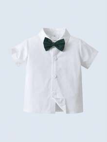 BOARNSEORL Ensemble d'été pour bébés garçons élégants, chemise blanche avec nœud papillon et shorts salopette verts. Tenue à la mode et élégante pour le port quotidien, l'école, les anniversaires, le premier anniversaire, les événements - Vert - Voir 5