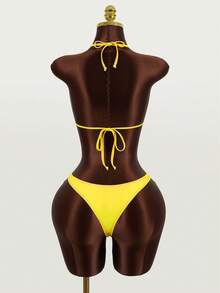 Zestiva Women's Summer Beach Solid Color Halter Tied Sexy Bikini Swimsuit Set - Yellow - View 2
