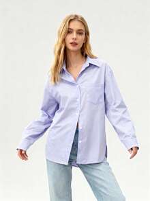 Women's Fashion Long Sleeve Shirt Collar Shirt Front Button Woven Fabric Regular Fit Blouse - Mauve Purple - View 9
