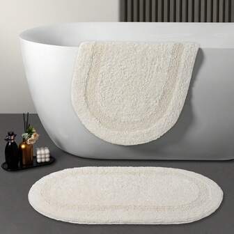 Reversible Oval Cotton Bath Mat, Minimalist Absorbent Non-Slip Antibacterial Bathroom Rug, Solid Color Carpet For Bathroom & Bedroom