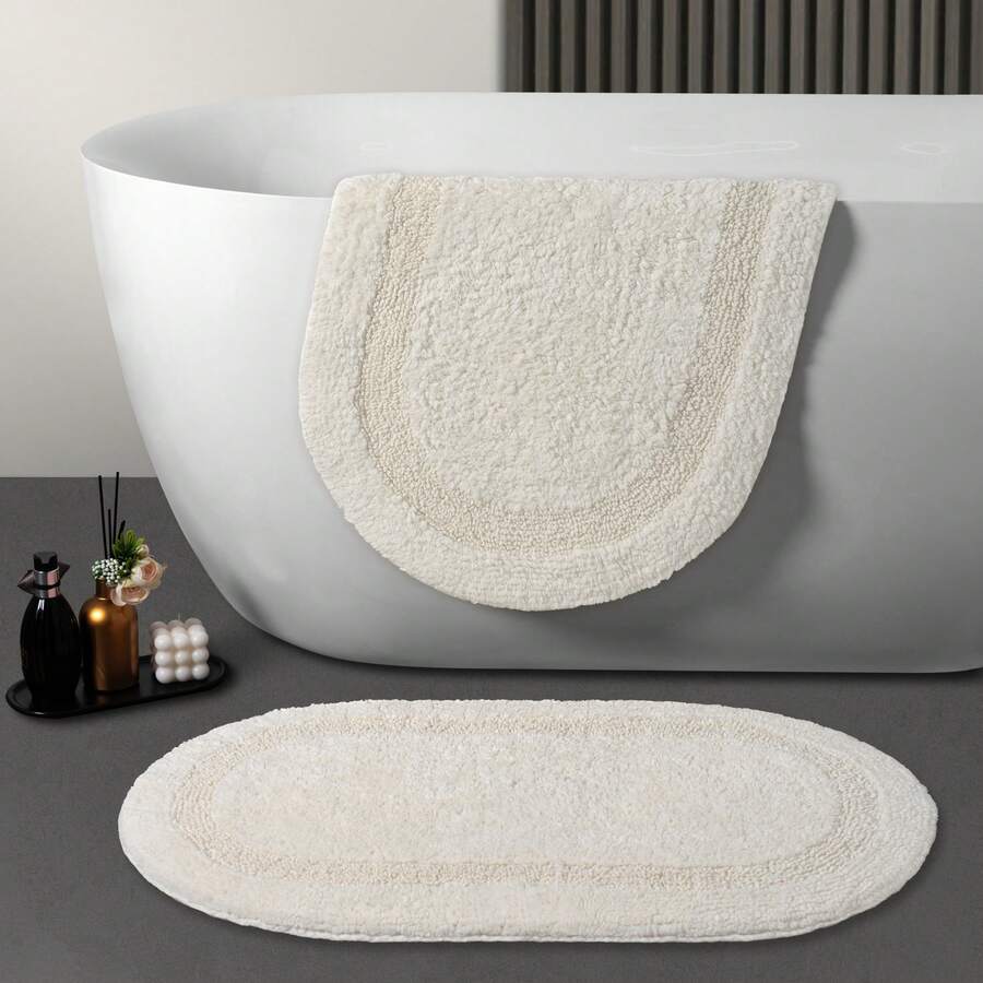 Reversible Oval Cotton Bath Mat, Minimalist Absorbent Non-Slip Antibacterial Bathroom Rug, Solid Color Carpet For Bathroom & Bedroom