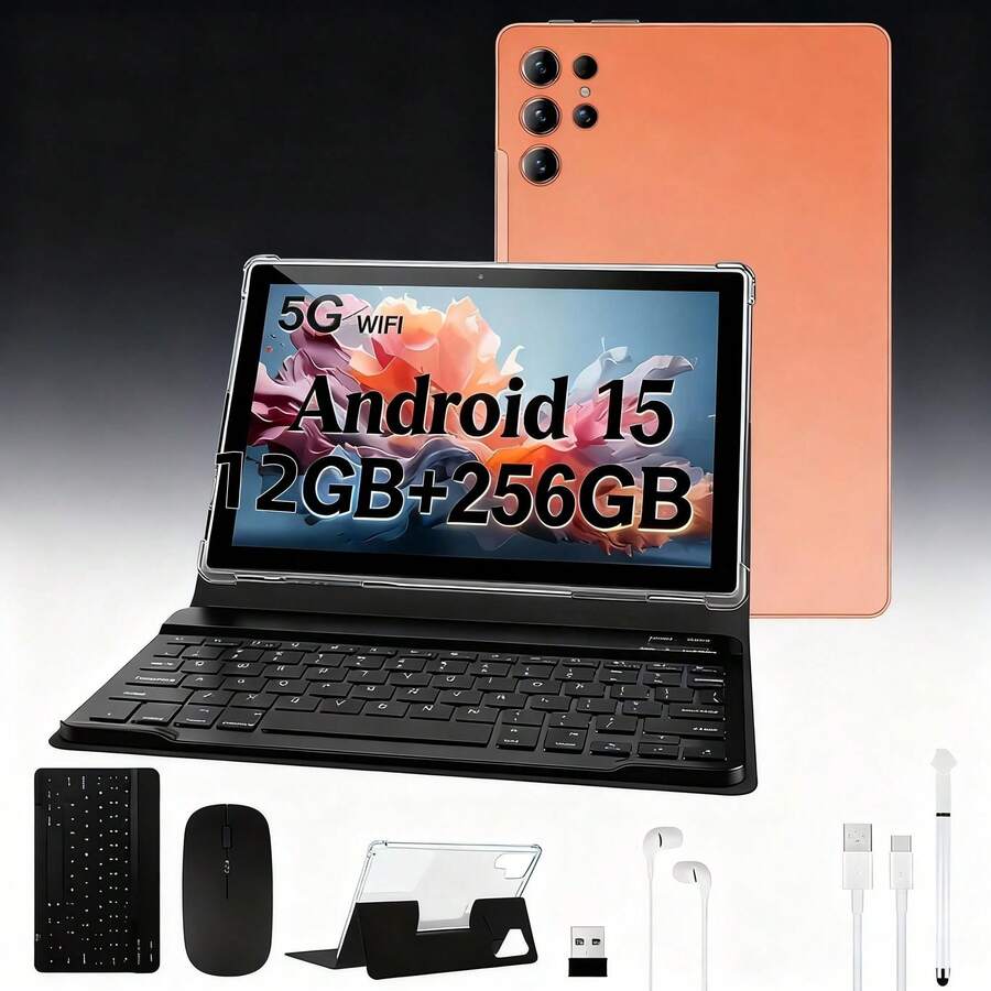 W&O 11-Inch Tablet PC, Android 15 Operating System, 2-In-1 Tablet With Keyboard, Mouse, Protective Case, Stylus, 256GB ROM + 12GB RAM, Supports 1TB Memory Card Expansion, 8+20MP Camera, Octa-Core Processor, 10000Mah Battery, 1280*800 IPS HD Display, Tab, Wi-Fi 6, Tablet, Tablet, Pad - Coral Orange - View 1