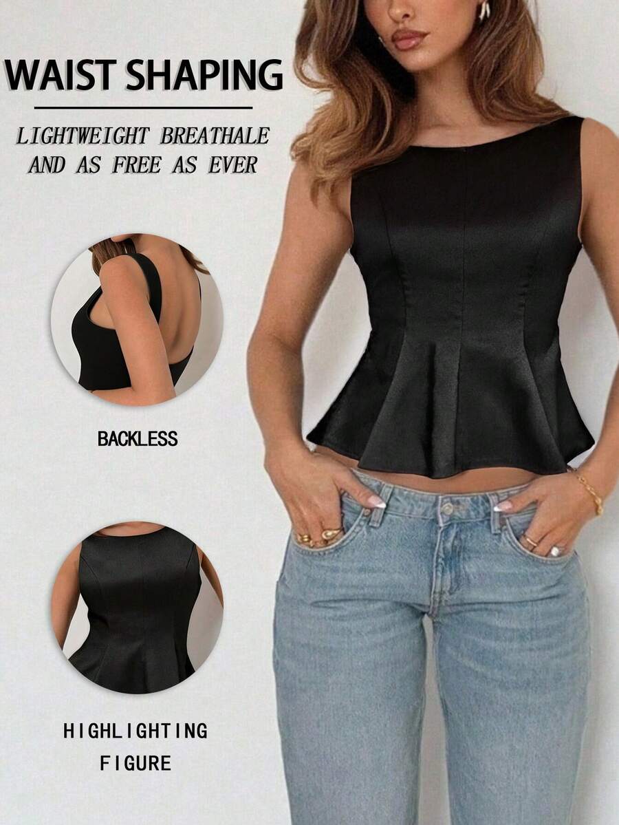 女士宽松圆领黑色吊带背心，露背设计，优雅波西米亚风格，商务休闲办公穿着，秋冬季 - 黑色 - 查看 1