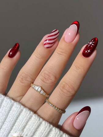 10 Pieces Of Handmade Almond-Shaped Nail Tips With A Red French Design, White Edges, Pointed Tips, Hand-Painted Snowflakes, A Combination Of Red And White Colors, Candy-Colored Ribbons, Red Nails, Christmas-Themed Nails, Minimalist And Stylish, High-End Feel, Suitable For Various Occasions, Easily Removable And Press-On Design.