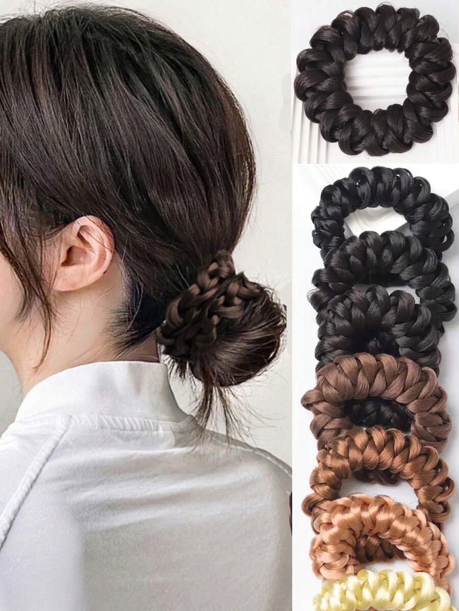 高弹力手工编织假发发圈，丸子头发绳，马尾辫发饰，发圈，橡皮筋，发绳弹力带 - 彩色 - 查看 1