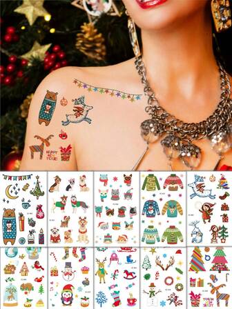 15 st tillfälliga jultatueringar - söta vattentäta falska tatueringar med ren, snöflinga, jultomten, julgran, högtidsfest, musikfestival, kroppsdekor, perfekt julklapp till familj och vänner