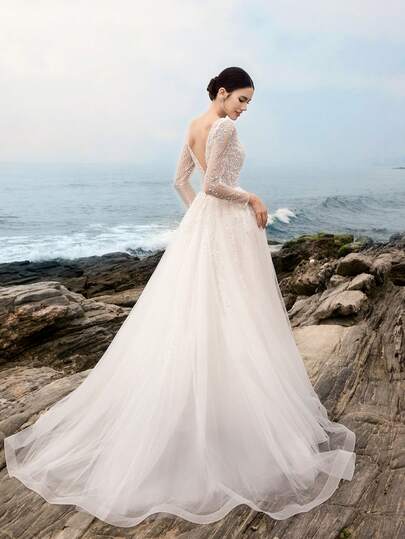 HEARBOBO 双V领奢华优雅珠饰亮片长袖露背网纱A字婚纱，带拖尾