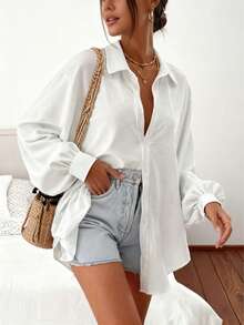 Camisa de manga farol blanca para mujer de talla grande, blusa casual de ajuste holgado con cuello vuelto y abotonadura sencilla para primavera y otoño - Blanco - Ver 2